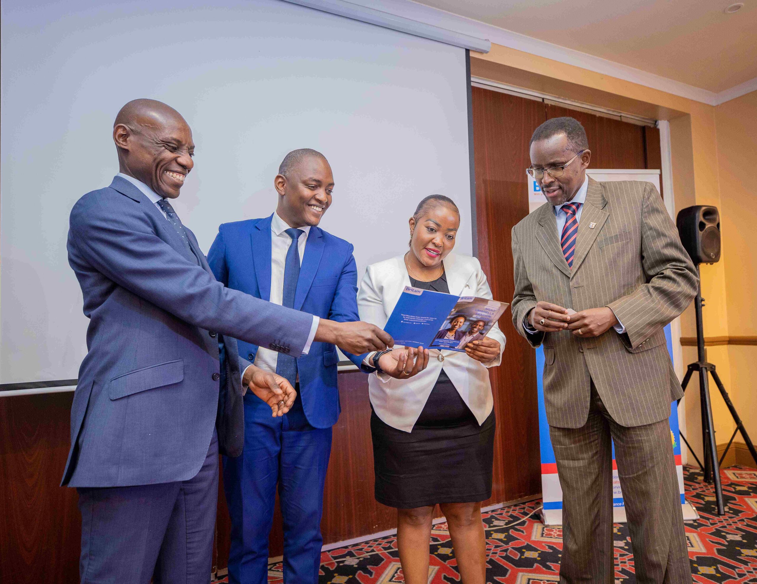 From left: Barack Obatsa - Britam Asset Managers (BAM) CEO, Eng Edward Karani - Micro & Small Enterprises Authority Director, Dr. Caesar Mwangi – Exec Dean, Strathmore Business School and Concepta Ayuma – BAM Head of Business Development, during the launch of Britam’s Ngao Umbrella Pension Scheme, a multi-employer retirement benefit scheme that simplifies retirement planning for SMEs, enabling them to bypass the complexities and high costs associated with setting up and managing, stand-alone retirement benefits schemes. The scheme pools funds from various employers, ensuring financial security for members through collective investment and management.