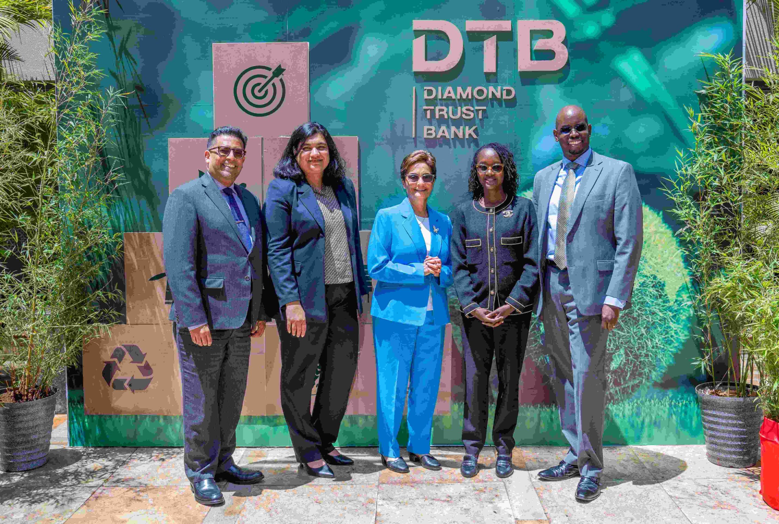 From left: Alkarim Jiwa, Finance & Strategy Director at DTB, Reshma Shah, Lead Carbon Market FSD Africa, Nasim Devji Group CEO DTB, Clarice Wambua, Environmental Lawyer & Consultant Cliffe Dekker Hofmeyer and Paul Muthaura CEO Africa Carbon Markets Initiative during the DTB fourth Economic and Sustainability Forum held at Serena Hotel in Nairobi.