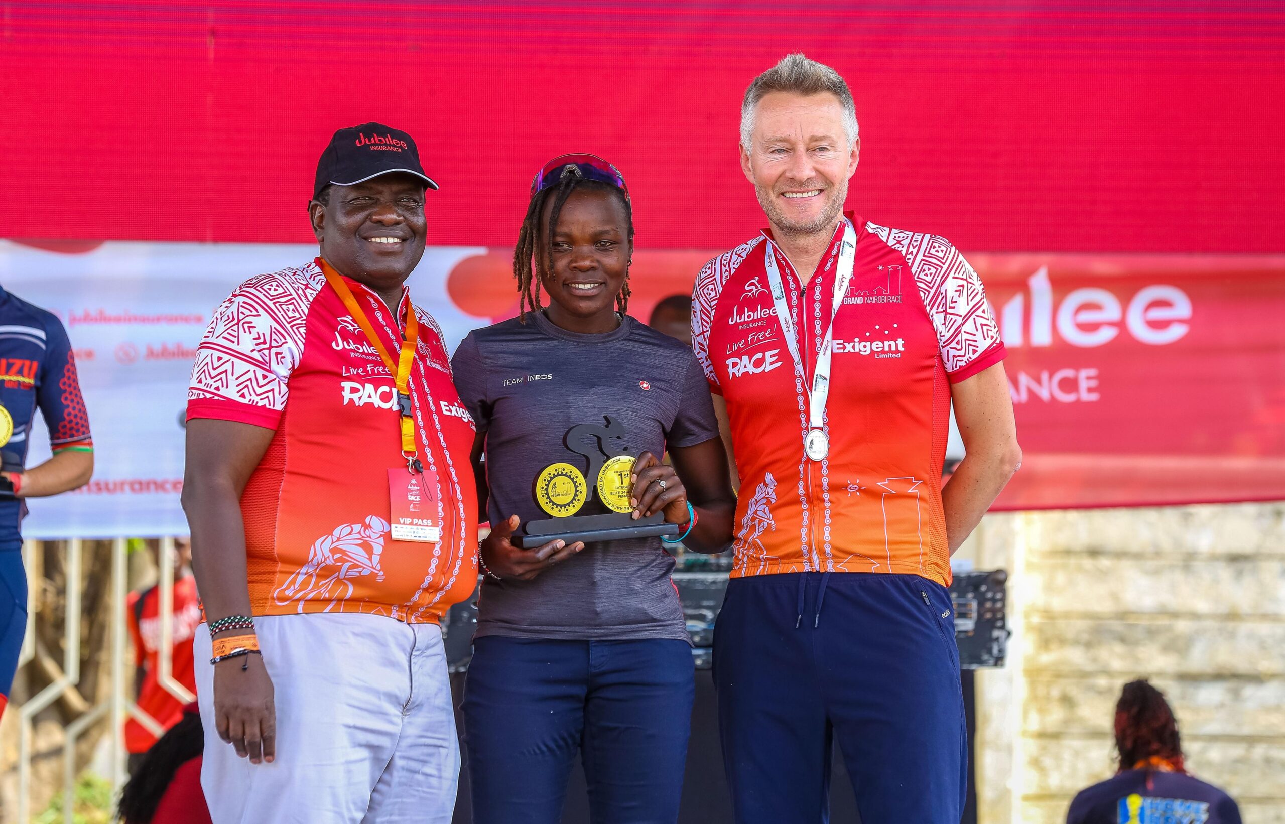 Monica Jelimo crosses the finish line to be the overall women winner in the third edition of the Jubilee Live Free Race in Nairobi.