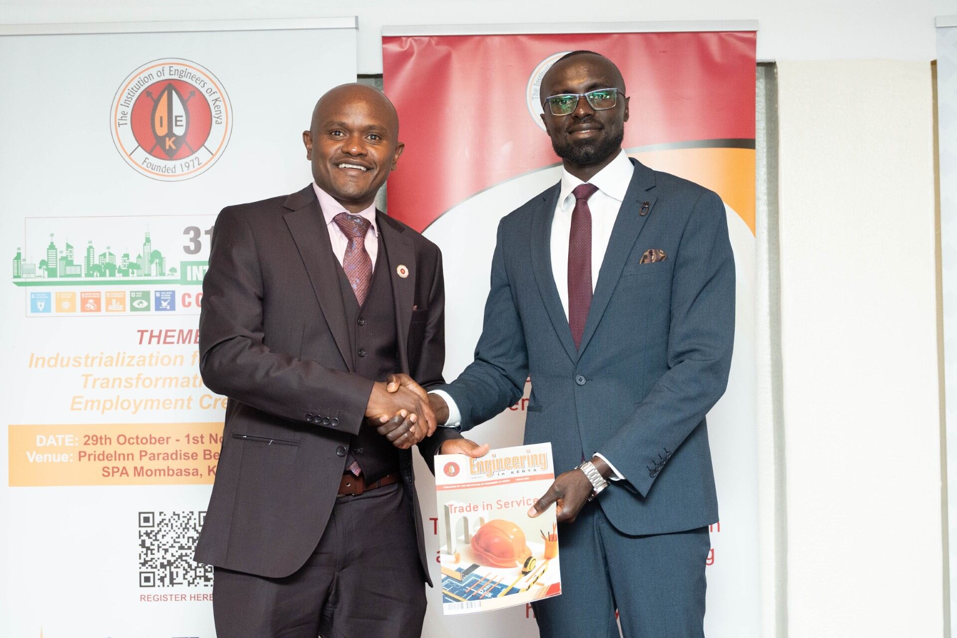 Eric Mugaa, Cabinet Secretary, Ministry of Water, Sanitation and Irrigation (right) with Eng Shammah Kiteme. CE, FIEK President IEK during the IEK media Launch event.