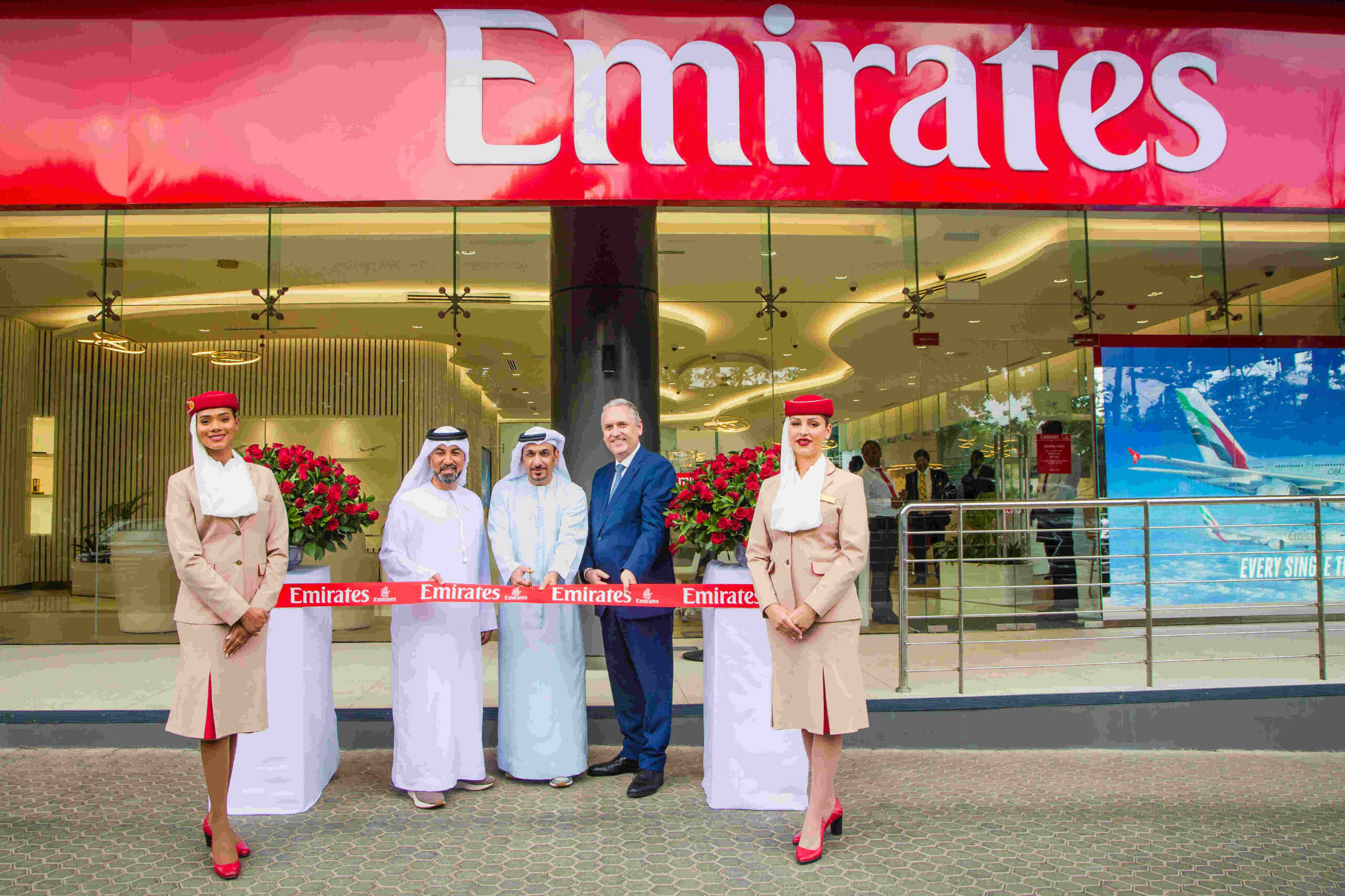 From Left to Right: Cabin crew staff Mariam Ali, H.E. Dr. Salim Alnaqbi - UAE Ambassador to Kenya, Adil Al Ghaith - Senior Vice President Commercial Operations, Center, Christophe Leloup - Emirates Kenya Country Manager and cabin crew Camilla Siggard at the ribbon-cutting, marking the opening of Emirates’ first World Store in Kenya, highlighting Emirates’ commitment to expanding its presence and customer engagement in the region.