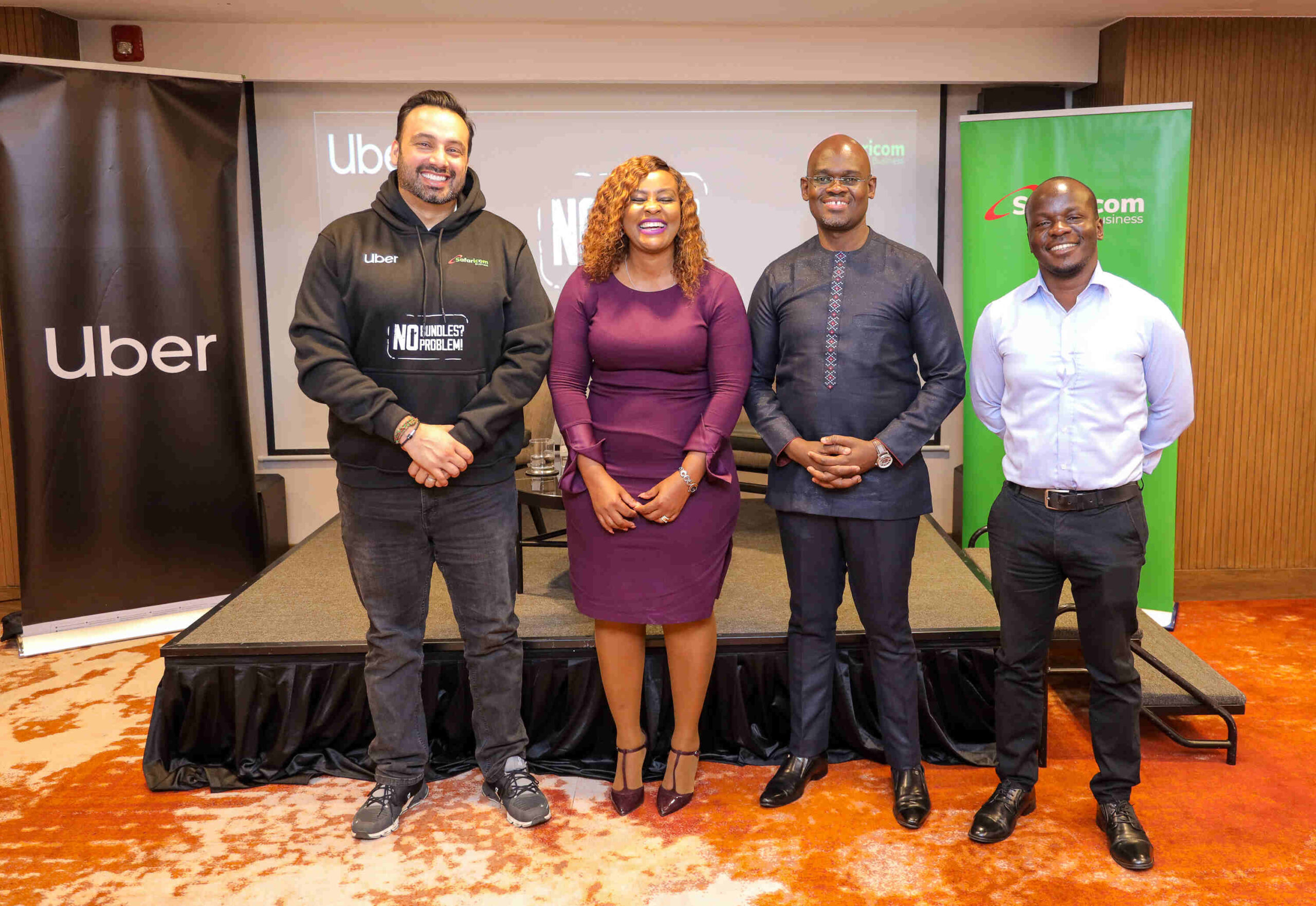 From Left: Imran Manji -Head of East and South Africa Uber, Neddy Munyasi -Segment Lead Safaricom Business, Bernard Muteti -Enterprise Solutions Director Safaricom and ICT & IOT Specialist Technical Enterprise Solutions Mr.Wallace Sinzore during the partnership announcement between Safaricom and Uber to provide free data for drivers and riders in Kenya.