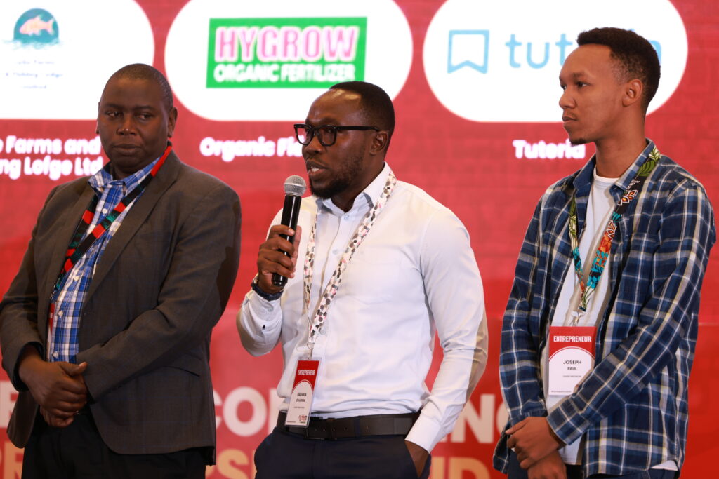 From Left- Sankalp Ecosystem Award Winner Richard Mwangi of Organic Fields Ltd, 2025 Sankalp Awards winner Baraka Chijenga of Kilimo Fresh Foods and Sankalp Awards 2nd runner up Dawa Mkononi's Joseph Paul during the finals of the Sankalp Africa Awards 2025 that were presented during the 12th Sankalp Africa Summit held at the Edge Convention Center in Nairobi