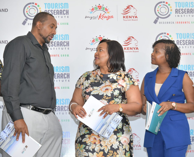 (L-R) CEC Tourism Mombasa County Mohamed Osman with CS for Tourism and Wildlife Rebecca Miano and KTB CEO June Chepkemei during the release of the 2024 Tourism Sector Performace results.