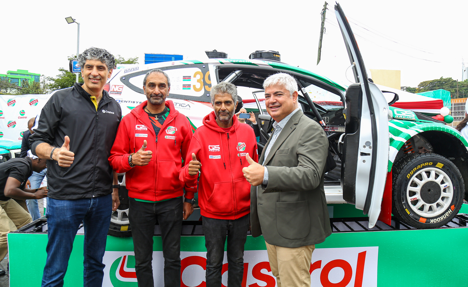 (From left) Ayhan Koksal – VP Castrol META, Ravi Chana – Navigator, Jasmeet Chana – Driver and Olivier Sabrié - RUBiS Energie East Africa Group CEO and RUBiS Energy Kenya Managing Director pose for a photo during the unveiling of RUBiS Energy Kenya and Castrol Kenya sponsored World Rally Championship (WRC) 2025 Safari Rally car at Nyayo Stadium Service station.