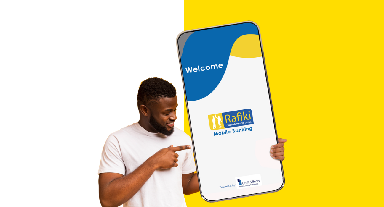 Rafiki Microfinance Bank mobile banking app welcome screen shown on a large phone held by a customer