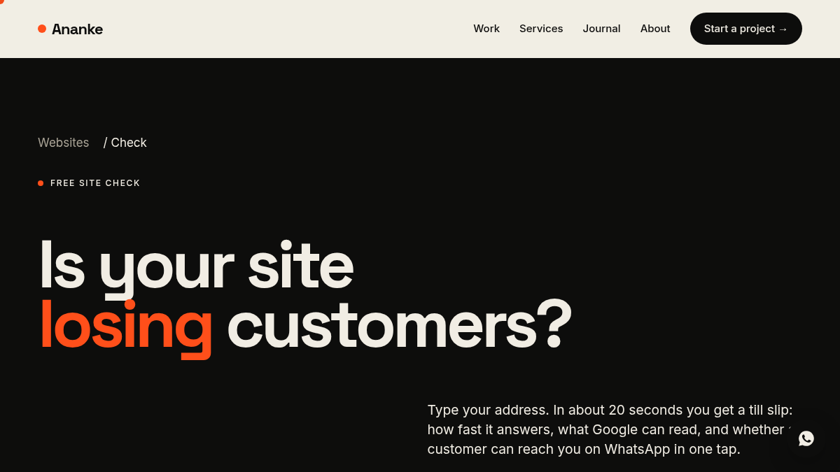 Ananke Digital free website check page, which tests a Kenyan business homepage for speed, Google basics and WhatsApp readiness