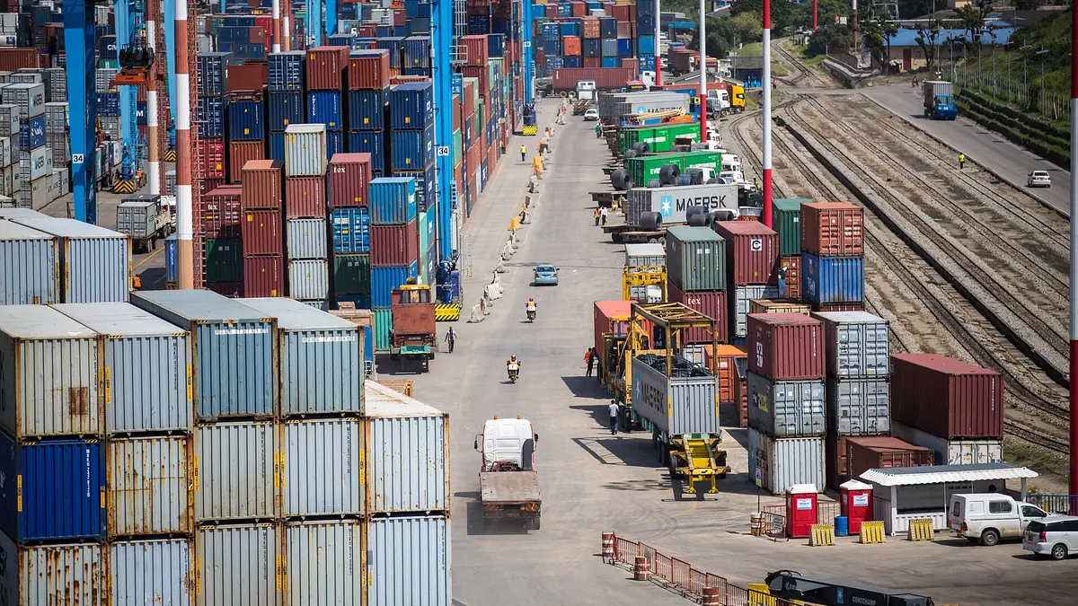 Container stacks and rail lines at the Port of Mombasa