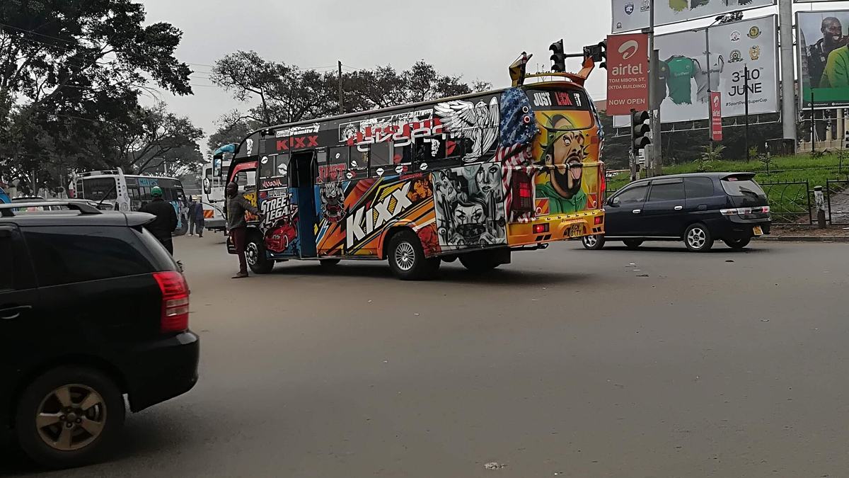 A matatu at a busy Nairobi intersection; Directline Assurance insures most of Kenya's public service vehicles