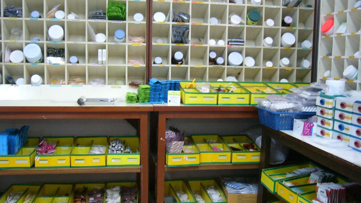 Medicine shelves inside a pharmacy