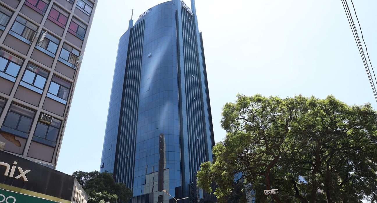 I&M Bank Tower on Kenyatta Avenue, Nairobi, with its blue glass facade