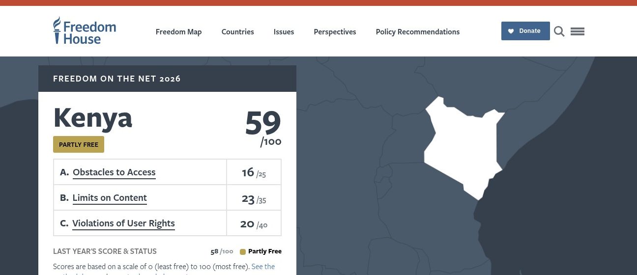 Freedom House Freedom on the Net 2026 Kenya page showing a score of 59 out of 100