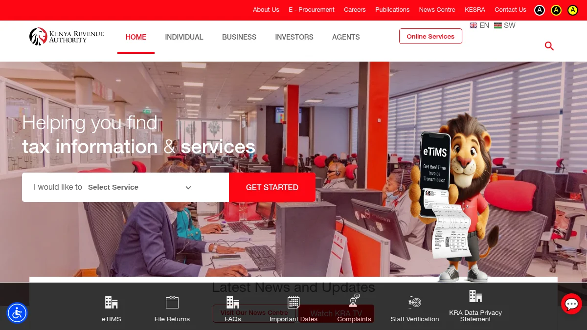Homepage of the Kenya Revenue Authority official website, kra.go.ke