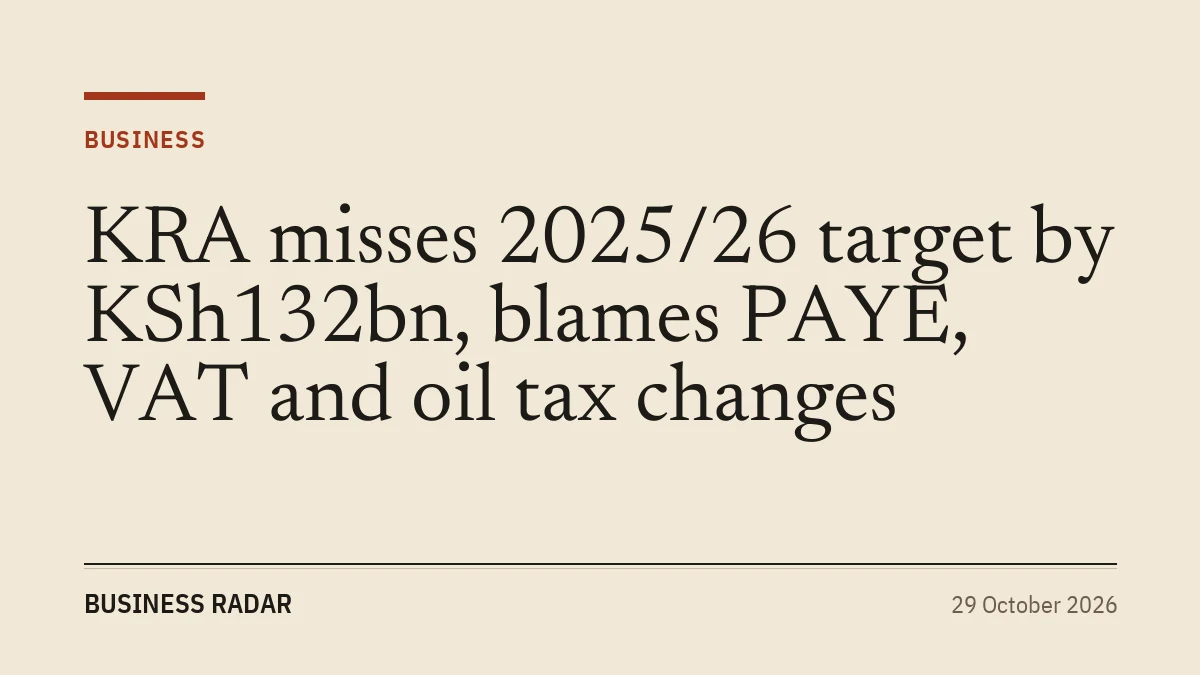 KRA misses 2025/26 target by KSh132bn, blames PAYE, VAT and oil tax changes