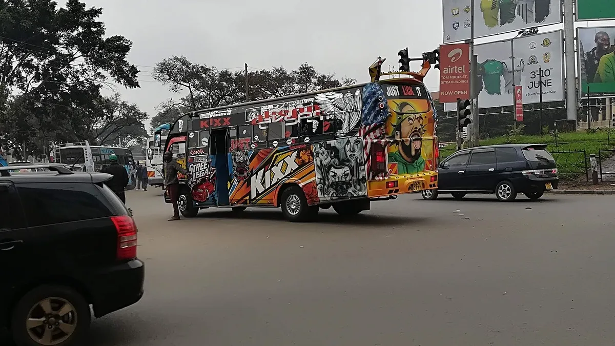 Matatu at a busy Nairobi intersection – illustrating NTSA Motor Vehicle Inspection Fees and How to Book (2026)