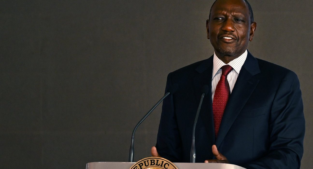 President William Ruto speaking at a Republic of Kenya podium in Nairobi