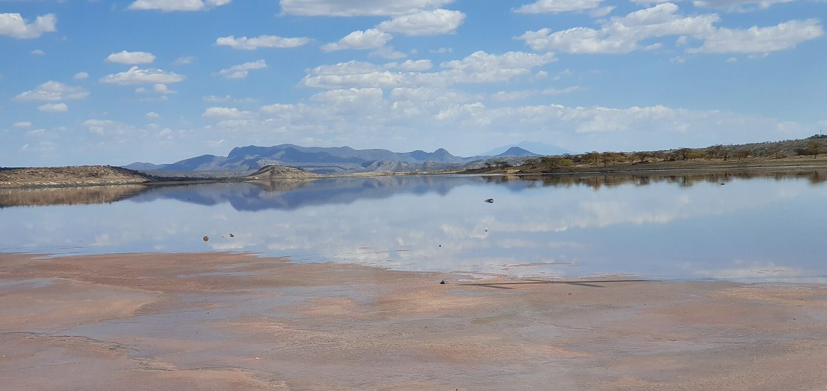 Lake Magadi in Kajiado County, with pink soda flats in the foreground and hills behind the water