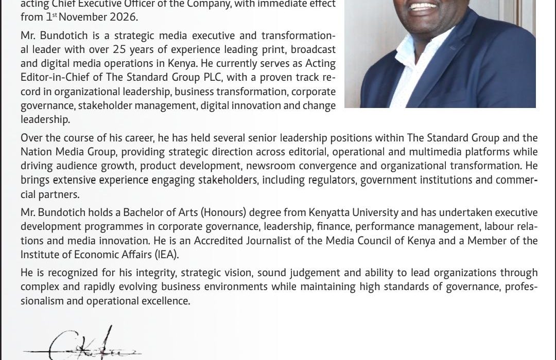Standard Group notice on the appointment of John Bundotich as acting Group CEO