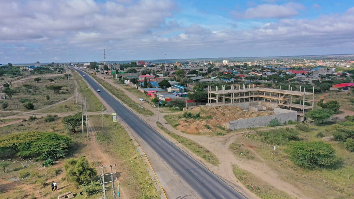 Aerial view of the paved road through Kajiado town