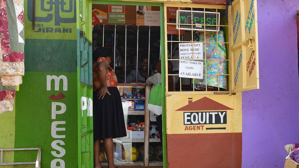 An M-Pesa and Equity agent shop in Nairobi where freelancers withdraw their earnings as cash